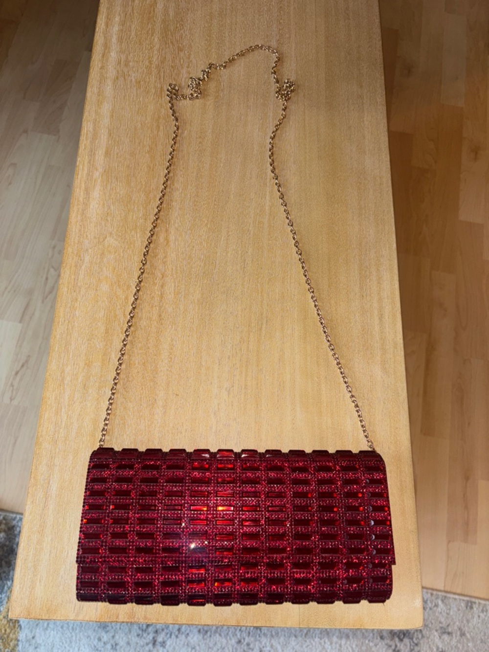 Aldo Red Ruby Crystal Evening Crossbody Gold Chainlink Clutch
